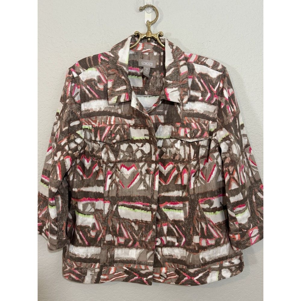 Chicos Weekend Jacket Womens XL 3 Brown Tan Neon Casual Jacket